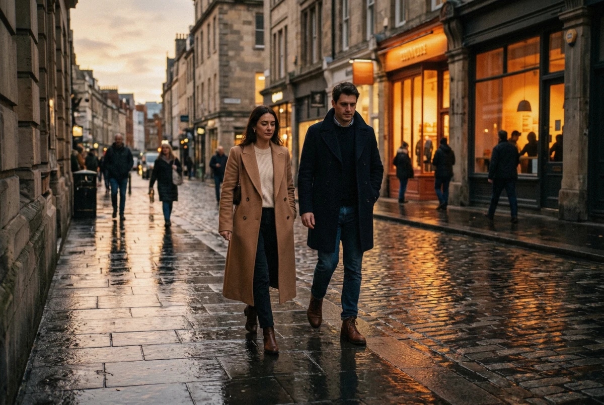 A traveller adjusting a coat on a grey London street before a photoshoot, illustrating what to wear for a photoshoot in london