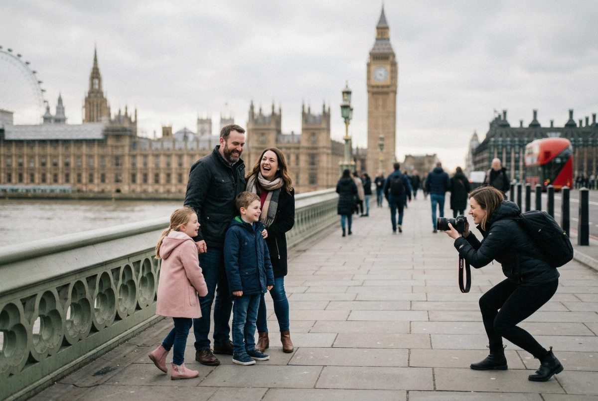 A traveller mid-laugh as a photographer directs her on Westminster Bridge, illustrating whether a london photoshoot is worth it