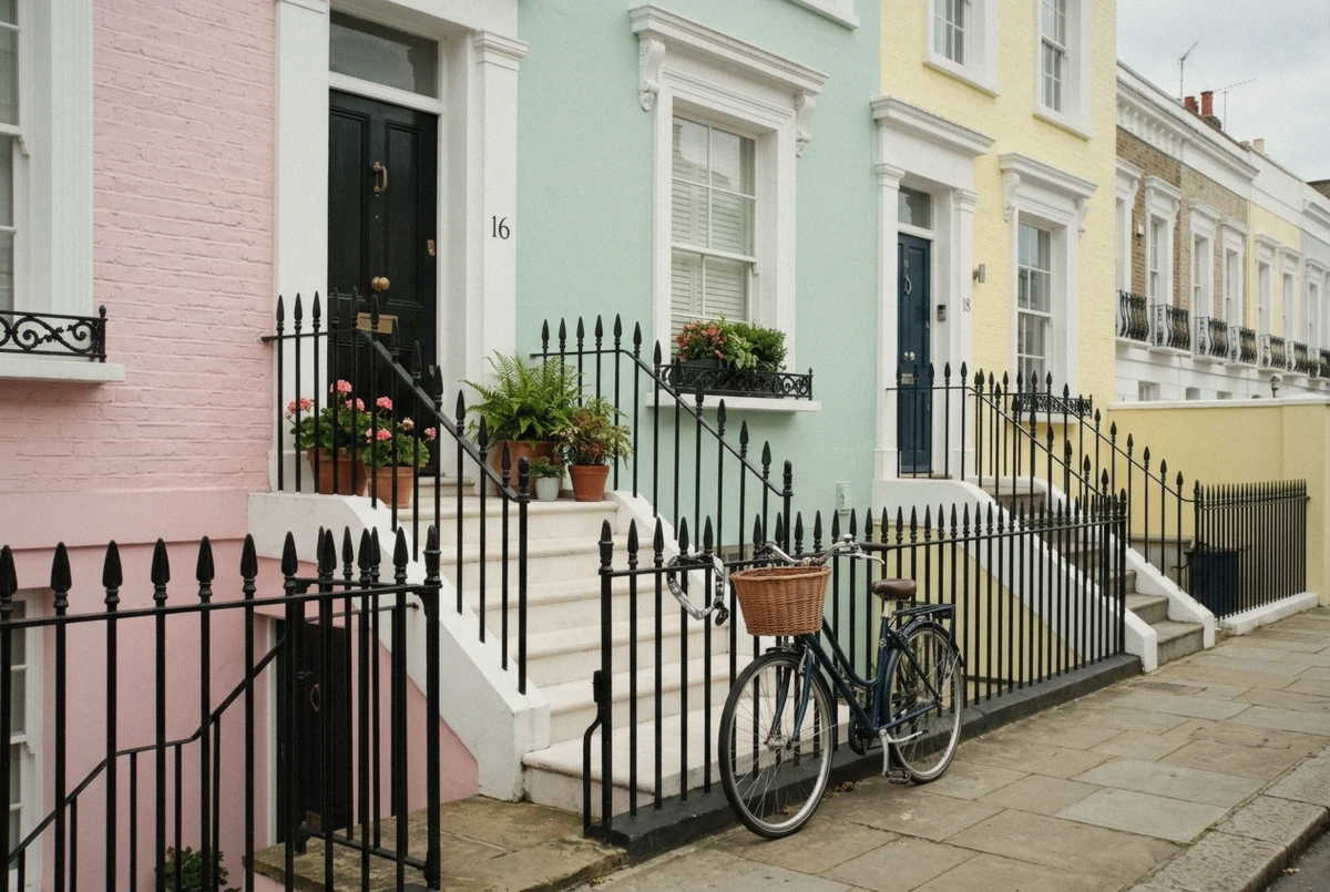Pastel terraced houses on a quiet Notting Hill street on a weekday morning, among the best photo spots in London for colour