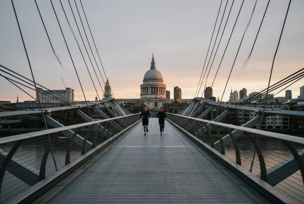 St Paul's Cathedral dome framed by the Millennium Bridge cables at first light, one of the best photo spots in London