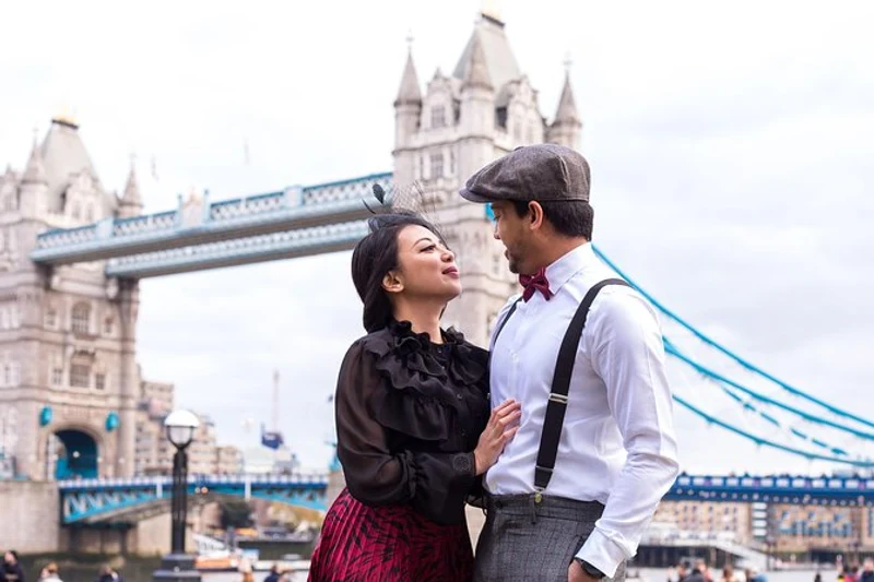 Couple photographed in front of Tower Bridge during a 30-minute London photoshoot from Tower Hill